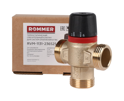 ROMMER RVM-1131-236525 Термостатический смесительный клапан для систем отопления и ГВС 1  НР 30-65°С KV 2,3 (центральное смешивание)