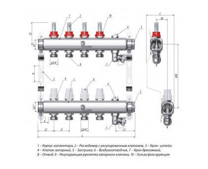 Коллектор нерж. Wester W902 1-3/4 в сборе с расходомерами на 8 выходов