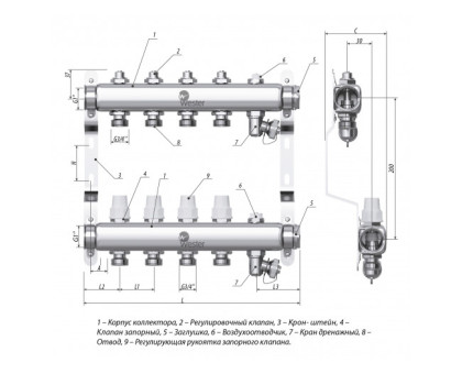 Коллектор нерж. Wester W903 1-3/4 в сборе на 8 выходов с 2 заглушками