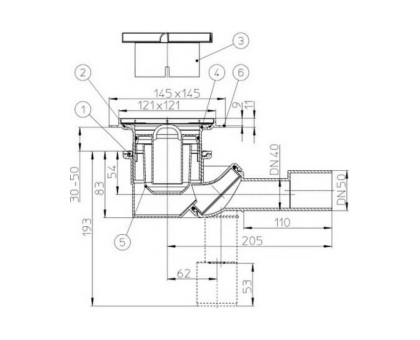 Сифон Hutterer & Lechner для душ. кабины (H=30-50мм) с подрамником 123x123 мм, без решетки, DN 40/50
