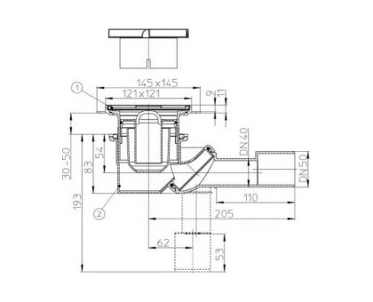 Сифон Hutterer & Lechner для душ. кабины (H=30-50мм) с подрамником 123x123 мм и решеткой из нерж. стали, DN 40/50