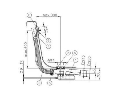 Выпуск Hutterer & Lechner-полуавтомат для ванн, с тросом Боудена 80 см, DN40/50