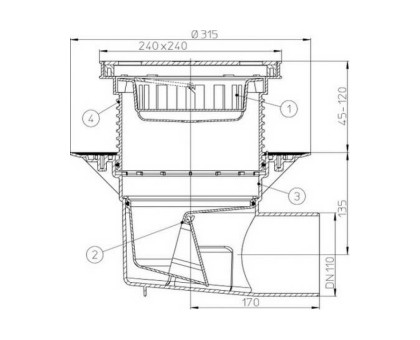 Дворовый трап Hutterer & Lechner Perfekt с гор. выпуском, с реш. из нерж. стали, DN 110 (Россия)