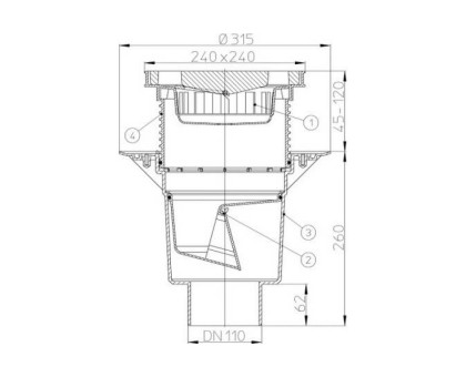 Дворовый трап Hutterer & Lechner Perfekt, верт. выпуск, макс. нагрузка 5-7 тонн, с обжим.фланцем, с подрамниками из ПП 42 - 130 мм, DN 110 (Россия) [Артикул: HL 6...