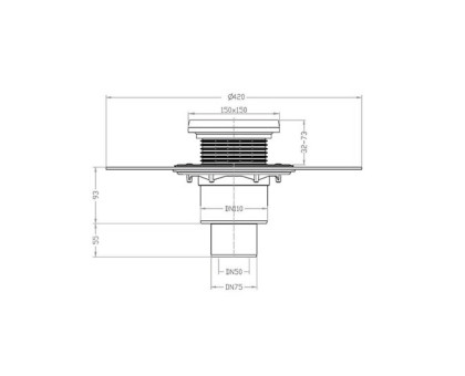 Трап Hutterer & Lechner для балконов и террас, с полимербитумным полотном DN420 мм, с чугунной решёткой (1,5т), с верт.выпуском, DN 50/75/110