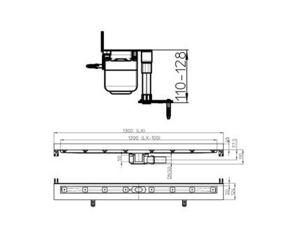 Угловой душевой лоток Hutterer & Lechner с 2-мя сифонами, без решетки, длина 1300 мм, DN 50