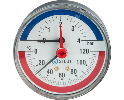 Термоманометр Stout аксиальный в комплекте с автоматическим запорным клапаном. Корпус Dn 80мм 1/2", 0...120°C, 0-4 бар.
