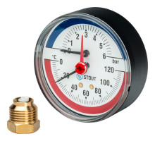 Термоманометр Stout аксиальный в комплекте с автоматическим запорным клапаном. Корпус Dn 80мм 1/2", 0...120°C, 0-6 бар.