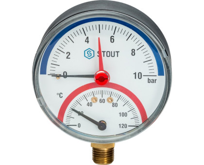 Термоманометр Stout радиальный в комплекте с автоматическим запорным клапаном. Корпус Dn 80мм 1/2", 0...120°C, 0-10 бар.