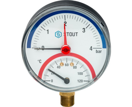 Термоманометр Stout радиальный в комплекте с автоматическим запорным клапаном. Корпус Dn 80мм 1/2", 0...120°C, 0-4 бар.