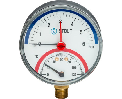 Термоманометр Stout радиальный в комплекте с автоматическим запорным клапаном. Корпус Dn 80мм 1/2", 0...120°C, 0-6 бар.