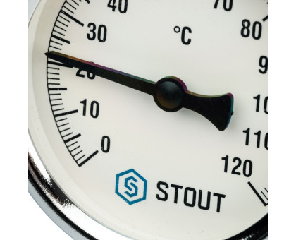 Термометр Stout биметаллический с погружной гильзой. Корпус Dn 63мм, гильза 50мм, резьба с самоуплотнением 1/2", 0...120°С